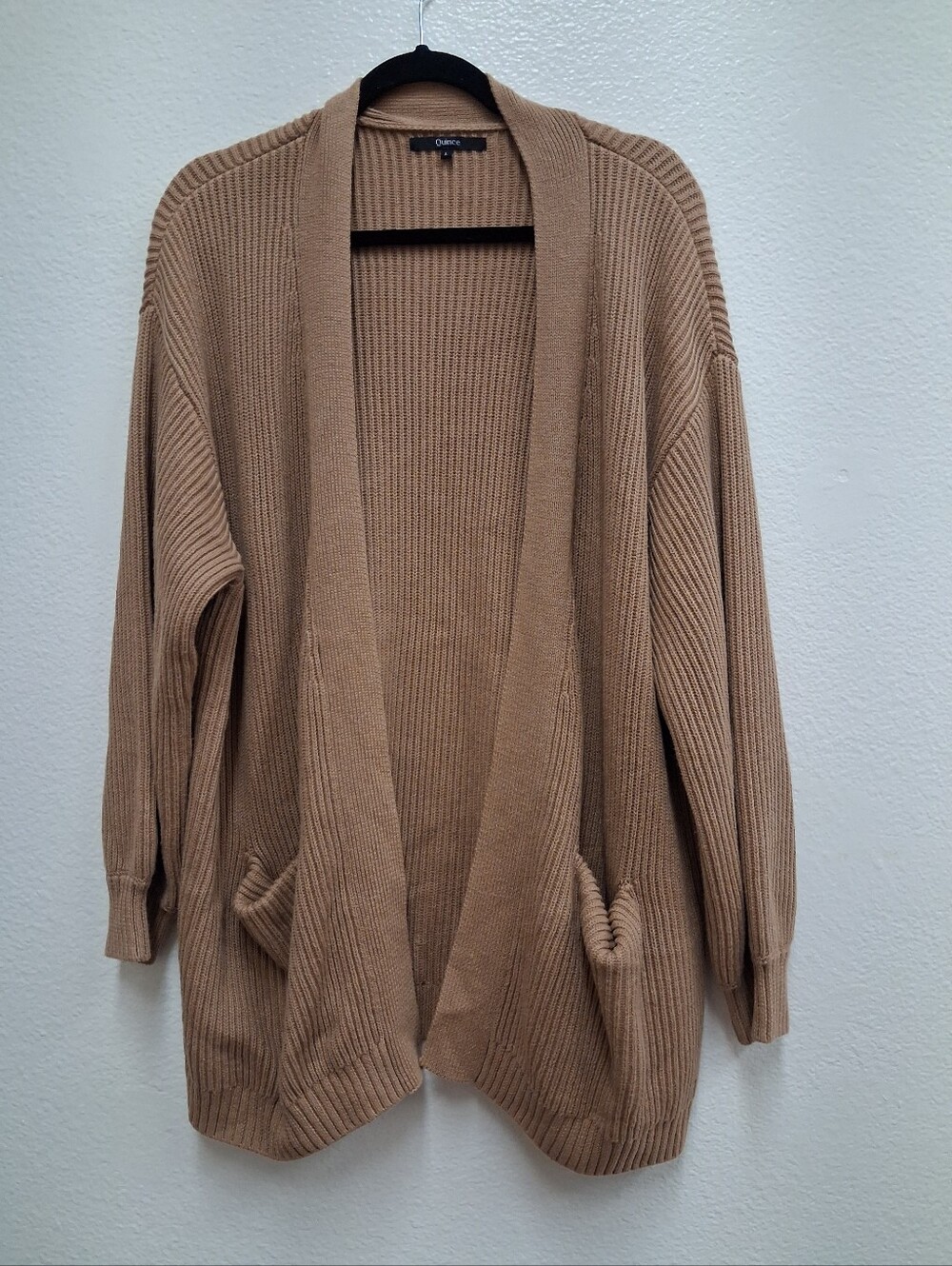 Quince Oversized 100% Organic Cotton Cardigan Camel Open Front Runs Big Size Lar